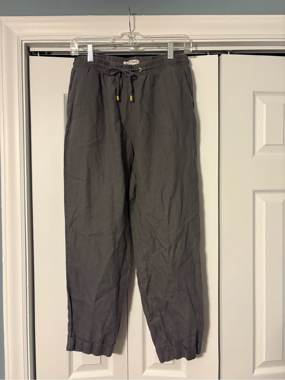 Ellen Tracy Gray Drawstring Linen Pants